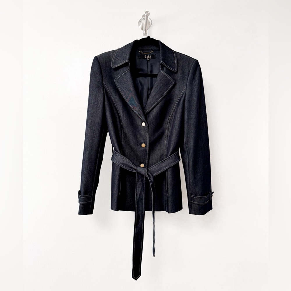Alex Marie Belted Denim Blazer Fall Career Casual‎ Chic Jacket Dark Blue 10
